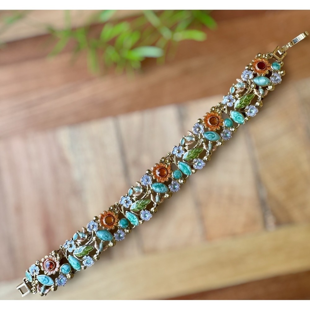 VTG Liz Claiborne Bracelet 7 Inch Jewelry Floral Bee Enamel Wide Multi Color New